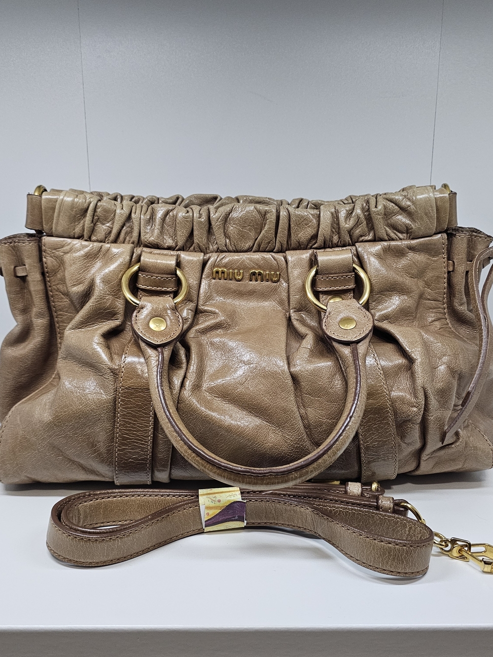 Miu Miu Taupe Brown Ruched Leather Shoulder Bag with Gold Hardware
